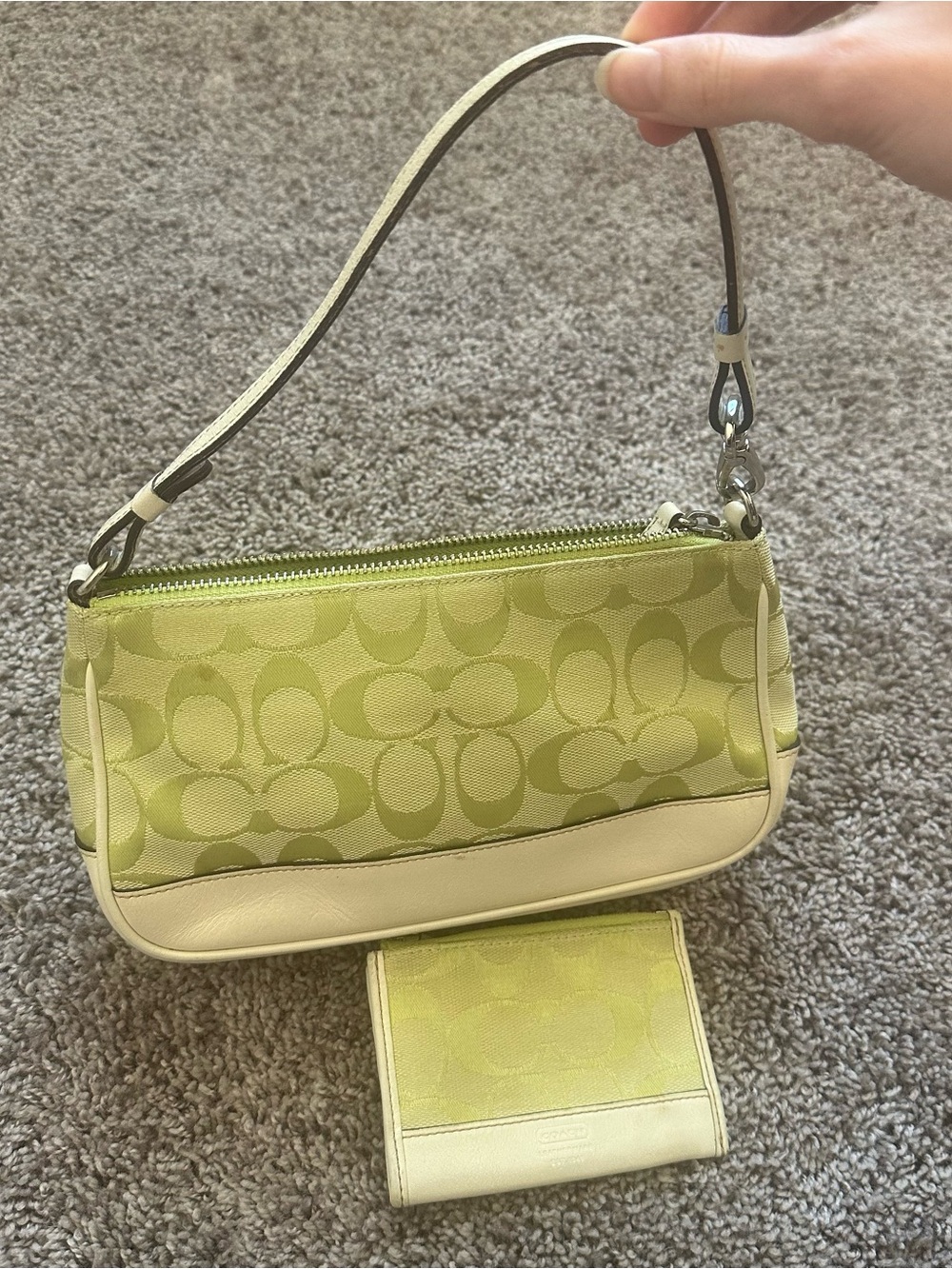Coach Vintage Demi Lime Signature Canvas Shoulder Wristlet with Cream Trim